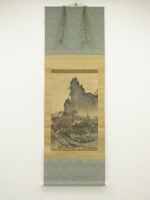 雪舟　水墨四季山水　秋景　印刷工芸品　絹本掛軸（共箱）